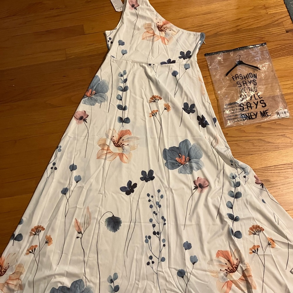 White with flowers long dress with one shoulder style.